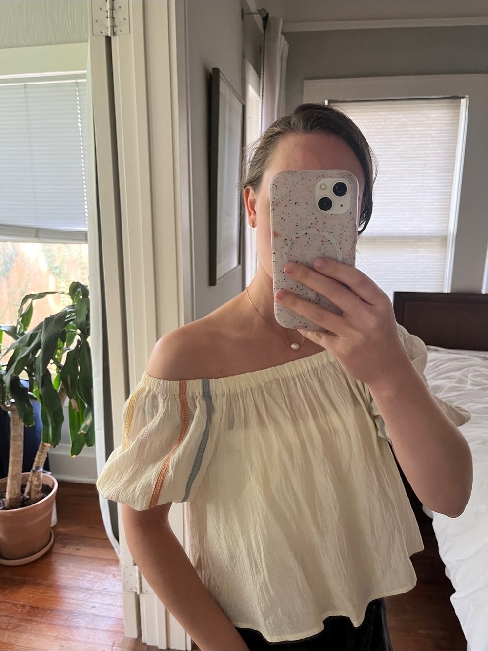 Cream Off-Shoulder Peasant Top with Contrast Stripes